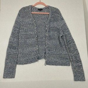 Tribal Cardigan Sweater, Soft Knit, Frayed Edge, Blue & White, XL